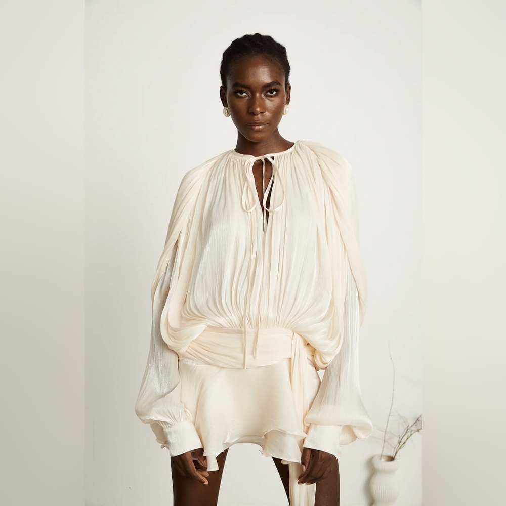 Cream Peasant Blouse Dress with Tie Neck